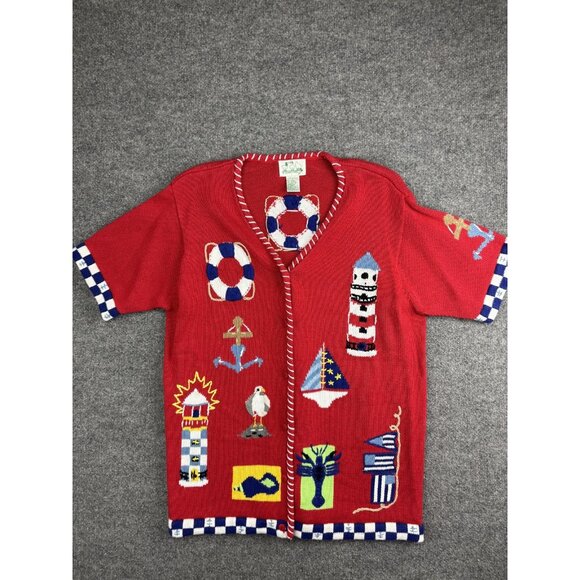 Vintage Quacker Factory Sweater Womens Large Nautical Lighthouse Seagull 90s - Picture 1 of 6
